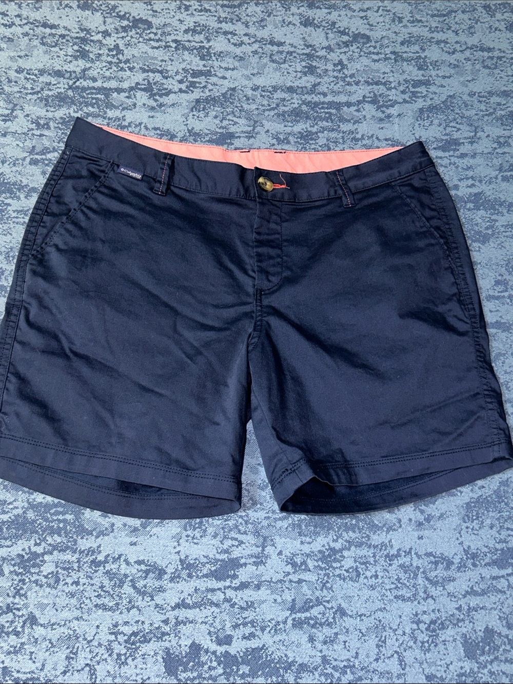 Columbia Navy Flat Front Stretch Shorts with Coral Waist Trim